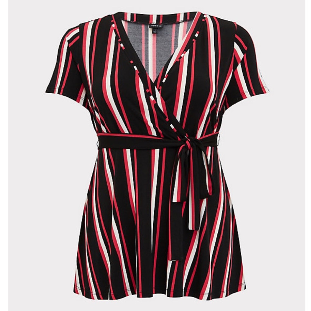 Fuchsia Pink and Black Striped Knit Wrap Studio Top